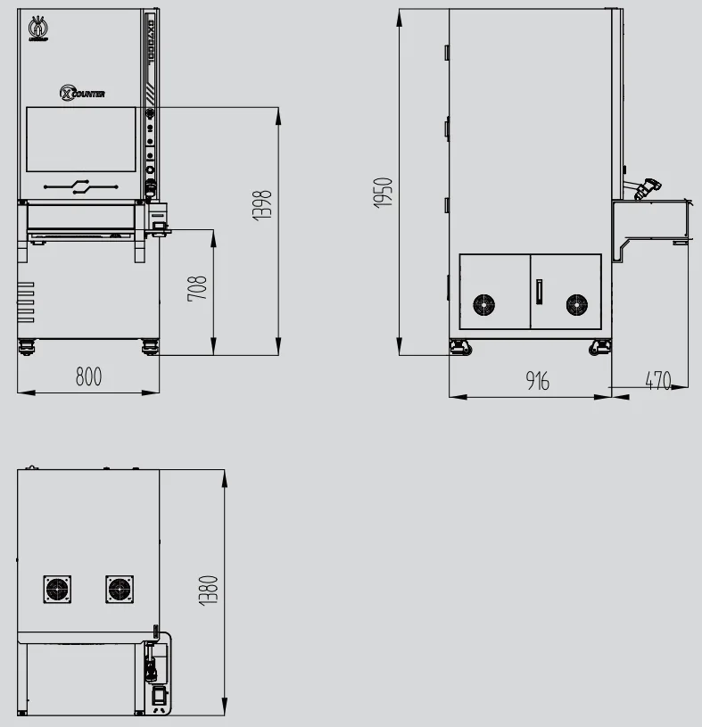 Desenho dimensional do contador de componentes por raios X CX7000L, vistas frontal, lateral e superior com cotas em milímetros
