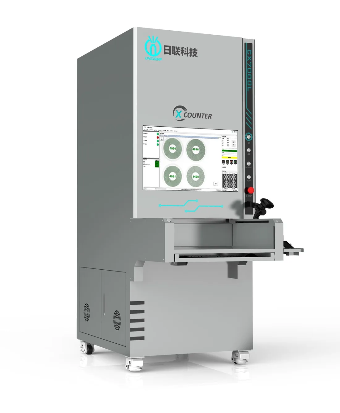 Contador de componentes por raios X CX7000L em perspectiva, com a gaveta aberta, o scanner manual de código de barras e a tela mostrando a contagem de quatro bobinas