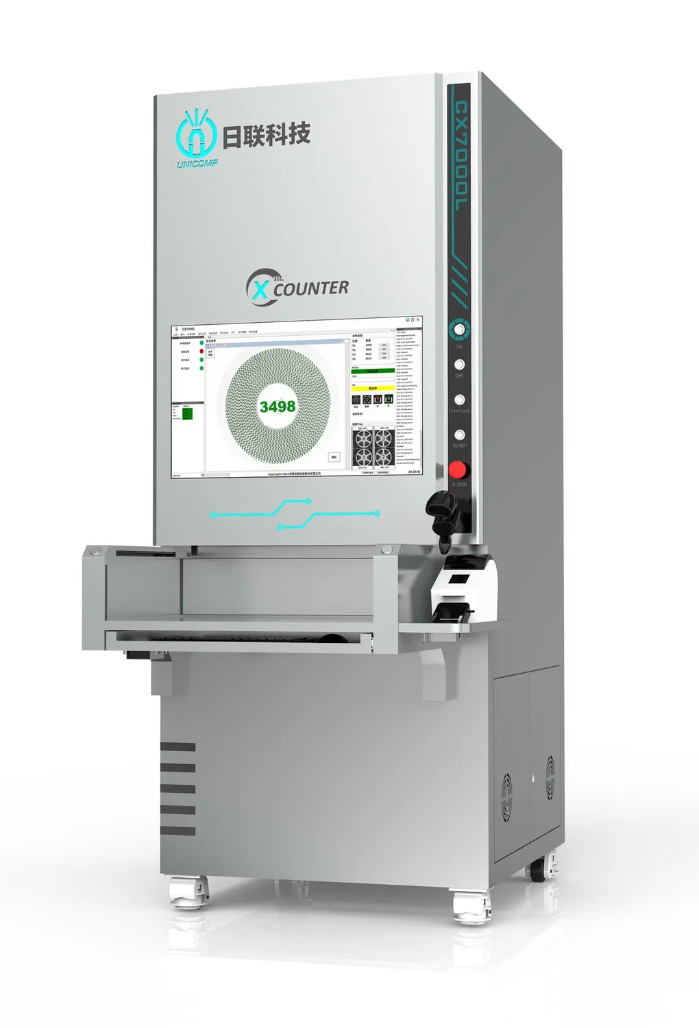 Contador de componentes por raios X Unicomp CX7000L com a gaveta aberta e a tela exibindo a contagem de uma bobina SMD