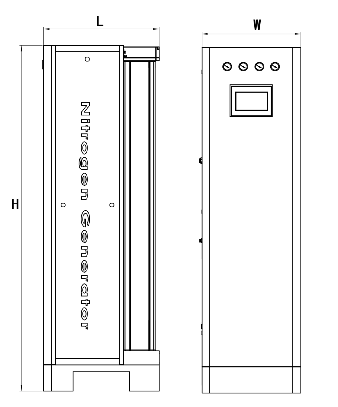 Diagrama dimensional do gerador de nitrogênio NPL02 — vistas frontal e lateral com cotas L (largura), W (profundidade) e H (altura)