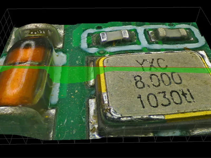 Costura de imagens 3D com microscópio de medição para medição dimensional de grande área em PCI