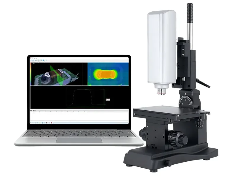 Microscópio de medição 3D MCscope MC-HX2000 ao lado de notebook com software de perfil 3D