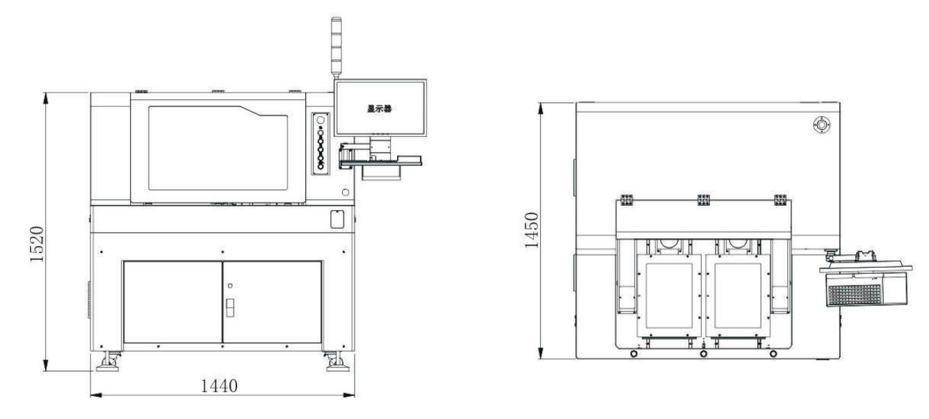 Diagrama dimensional da depanelizadora EXE 380 — vistas frontal e lateral com medidas 1440 x 1450 x 1520 mm