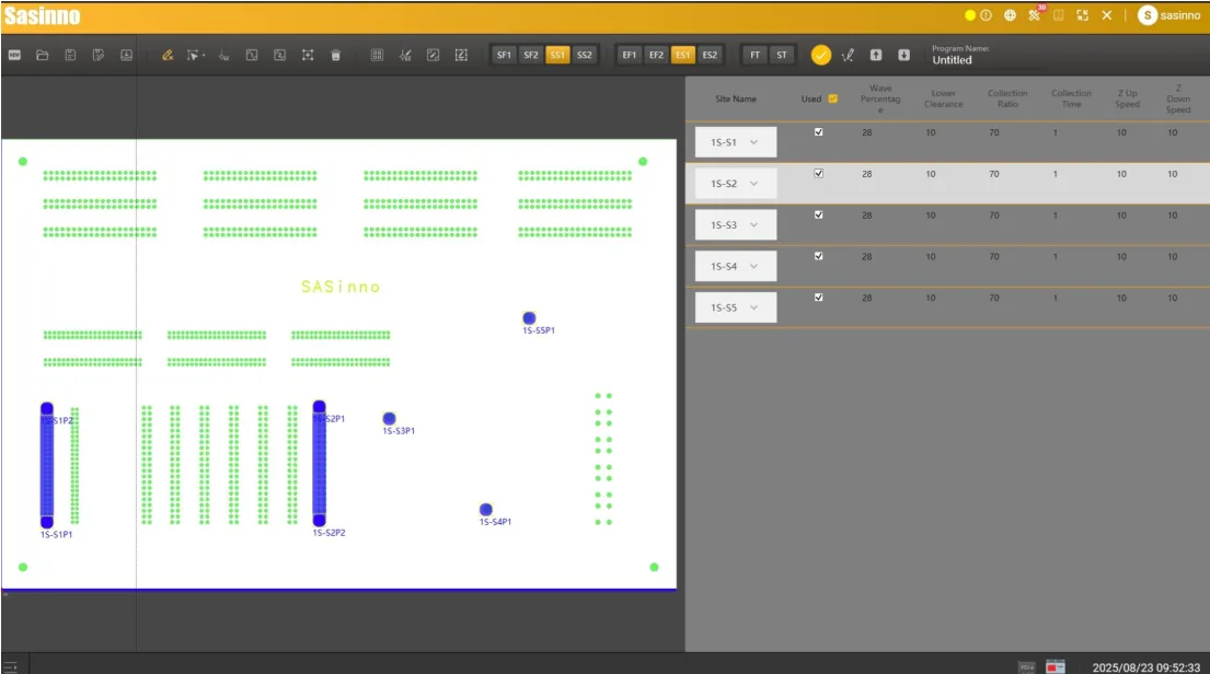 Ultra-i2, configuração de série: software de programação com trajetórias desenhadas sobre a imagem da placa