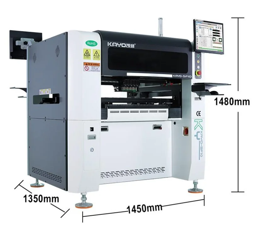 Dimensões da insersora SMD KAYO SF-10: 1450 mm de largura, 1350 mm de profundidade e 1480 mm de altura