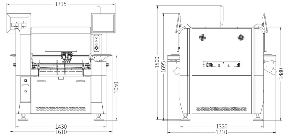 Desenho de dimensões da Insersora Pick and Placer KAYO S8, vistas frontal e lateral com cotas em milímetros