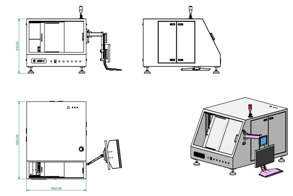 Desenho técnico da Sasinno Star-1 com dimensões externas de 1003 x 1303 x 918 mm (largura x profundidade x altura)